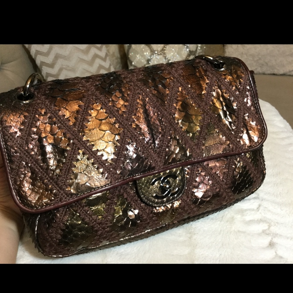 Chanel bronze metal python crochet bag